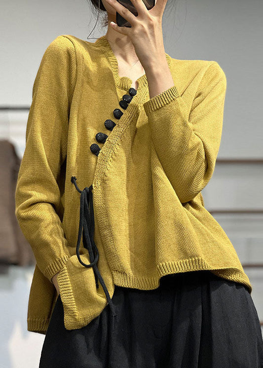 Yellow Asymmetrical Design Lace Up Knit Sweater Tops