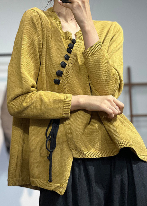 Yellow Asymmetrical Design Lace Up Knit Sweater Tops