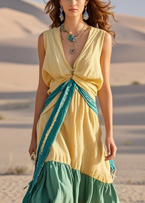 Yellow Asymmetrical Patchwork Cotton Long Dresses Sleeveless
