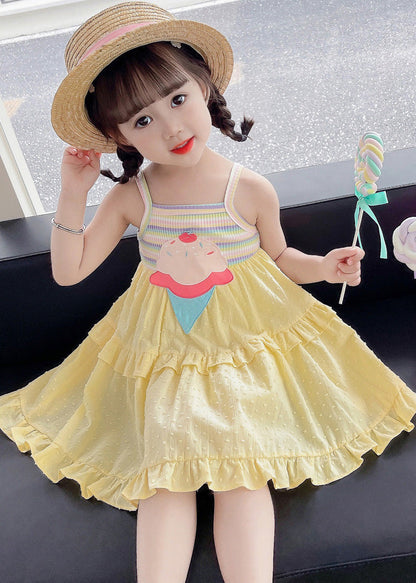 Yellow Embroideried Ruffled Patchwork Slip Mid Dress Sleeveless