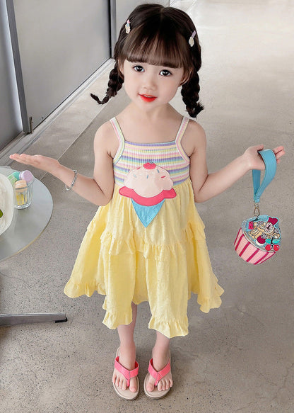 Yellow Embroideried Ruffled Patchwork Slip Mid Dress Sleeveless