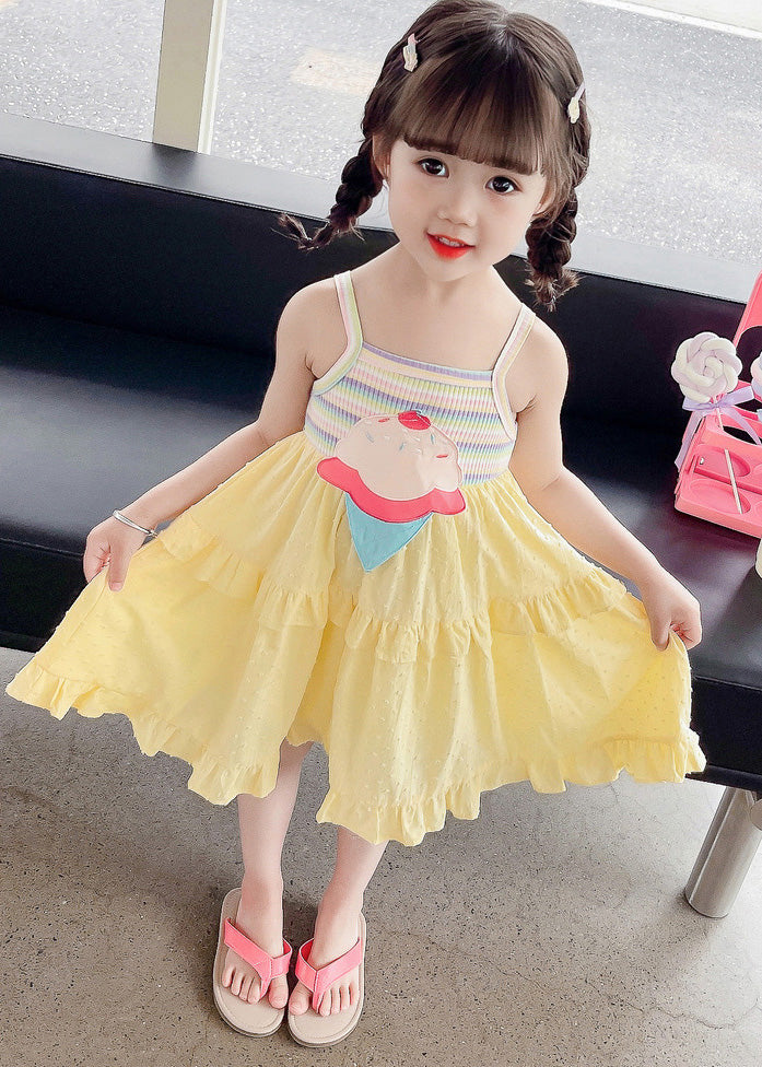 Yellow Embroideried Ruffled Patchwork Slip Mid Dress Sleeveless