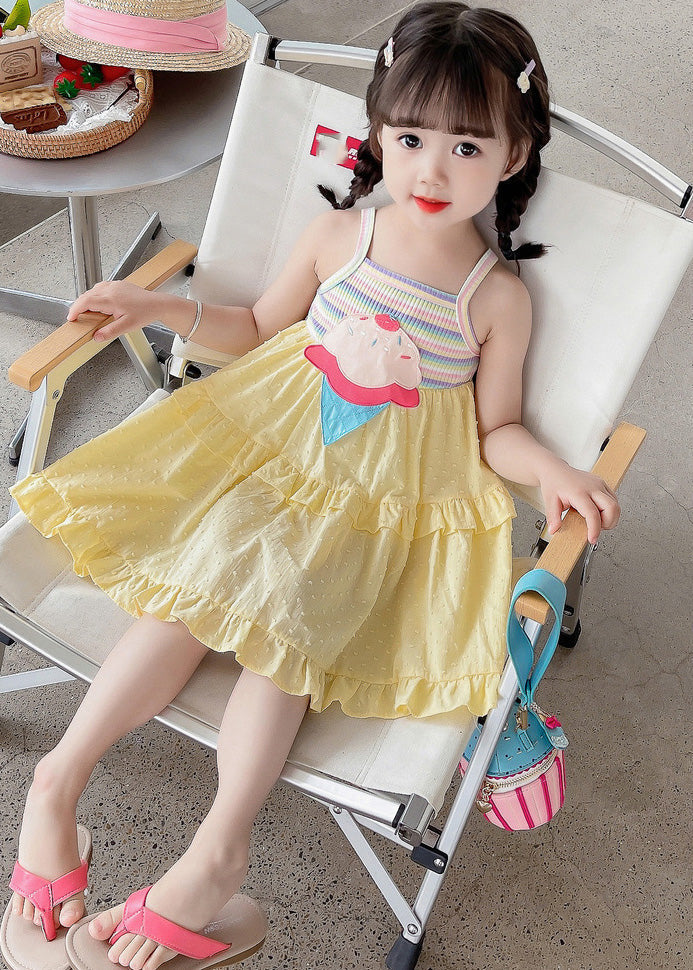 Yellow Embroideried Ruffled Patchwork Slip Mid Dress Sleeveless