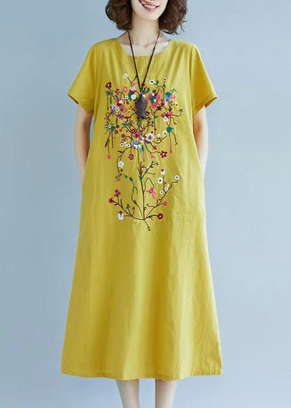 Yellow Fine Embroidered Linen Dress Summer