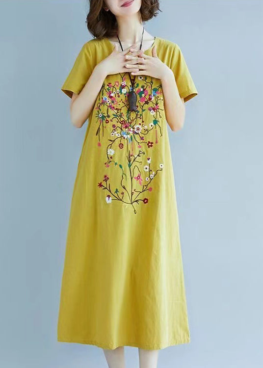 Yellow Fine Embroidered Linen Dress Summer