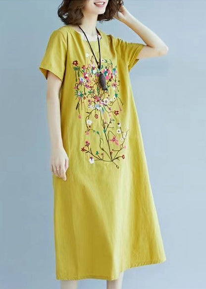 Yellow Fine Embroidered Linen Dress Summer