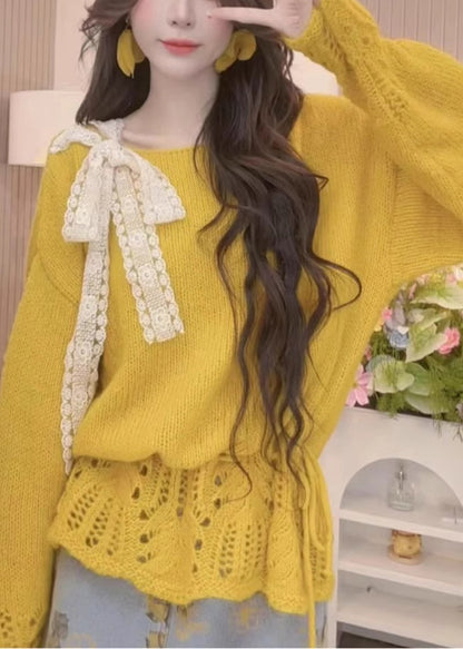 Yellow Hollow Out Bow Knit Sweaters Spring