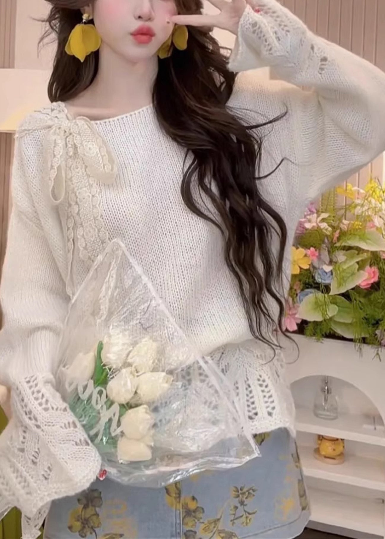 Yellow Hollow Out Bow Knit Sweaters Spring