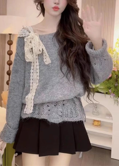 Yellow Hollow Out Bow Knit Sweaters Spring