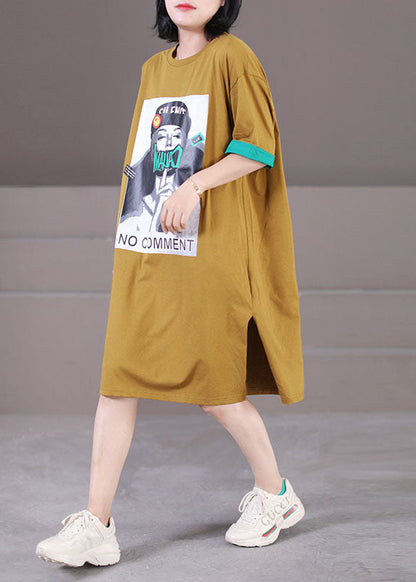 Yellow O-neck Patchwork Applique Side Open Cotton Maxi Dress Short Sleeve