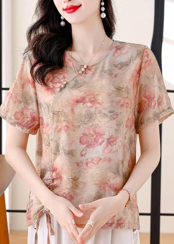 Yellow O Neck Print Drawstring Cotton Shirt Summer