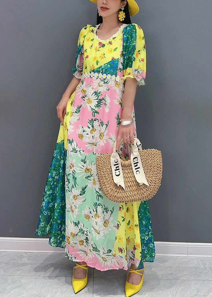 Yellow O-neck Print Patchwork Cotton Long Dress Summer