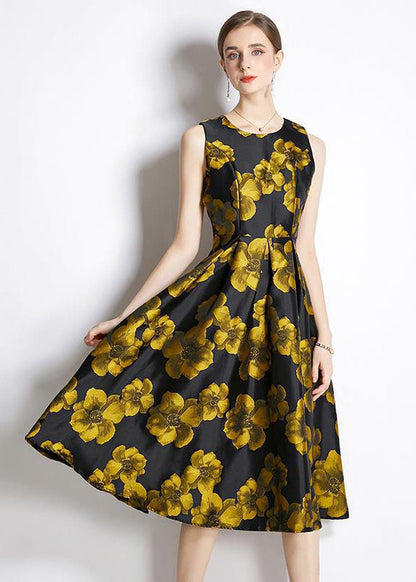 Yellow O-neck Print Silk a Line Dress Sleeveless