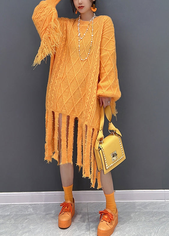 Yellow O-neck Tassel Knit Long Dresses Fall