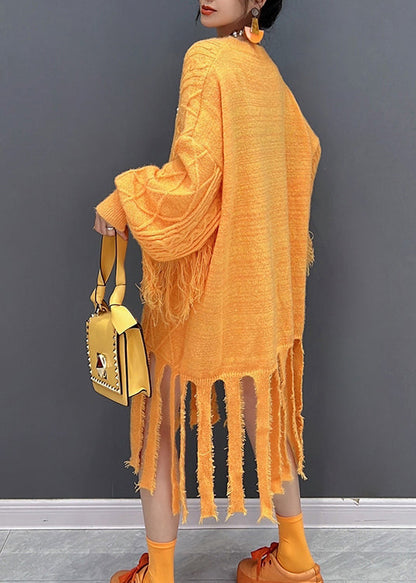 Yellow O-neck Tassel Knit Long Dresses Fall