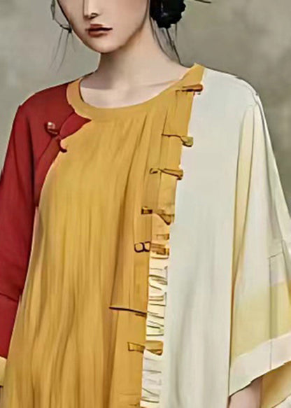 Yellow Oversized Patchwork Linen Shirt Dress Summer