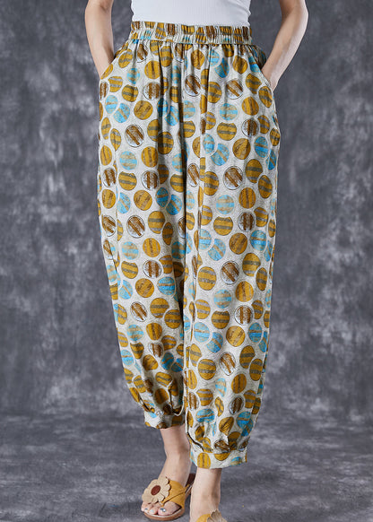Yellow Oversized Print Pockets Linen Silk Pants Summer