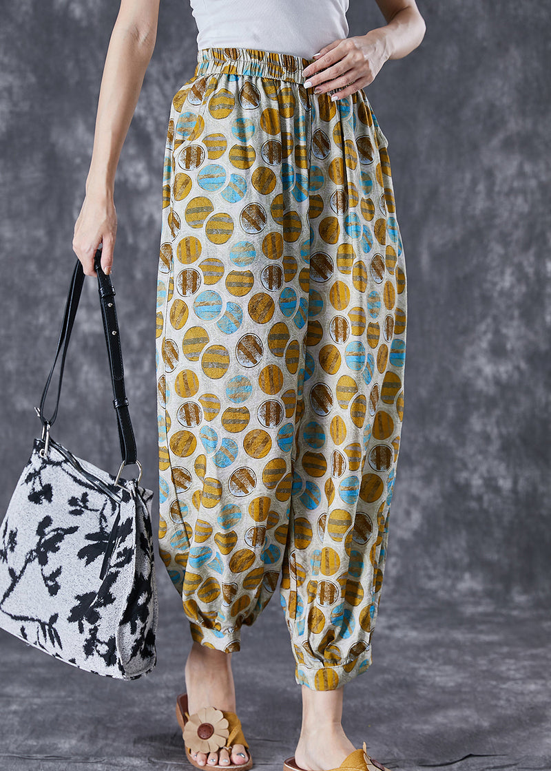 Yellow Oversized Print Pockets Linen Silk Pants Summer