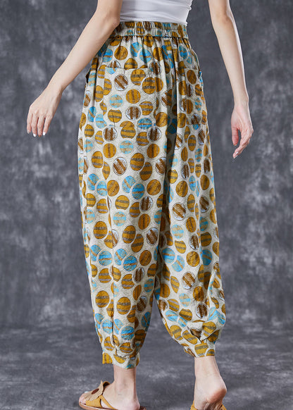 Yellow Oversized Print Pockets Linen Silk Pants Summer
