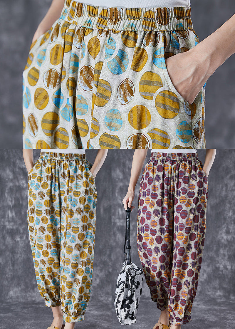 Yellow Oversized Print Pockets Linen Silk Pants Summer