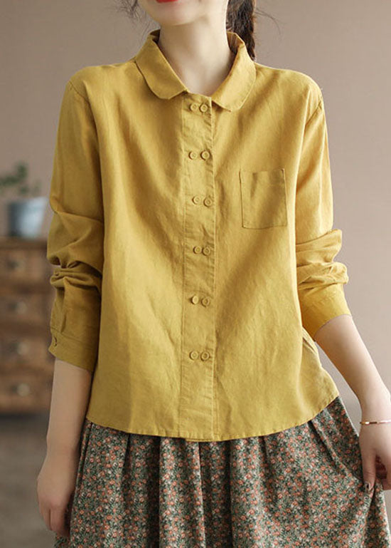 Yellow Peter Pan Collar Button Patchwork Linen Shirts Tops Spring