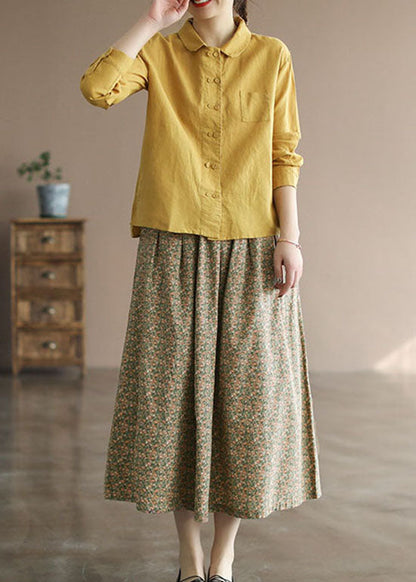 Yellow Peter Pan Collar Button Patchwork Linen Shirts Tops Spring