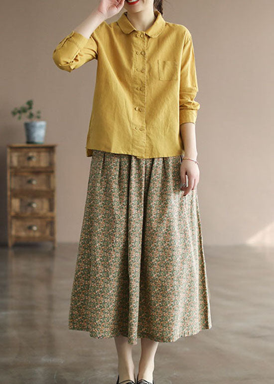 Yellow Peter Pan Collar Button Patchwork Linen Shirts Tops Spring