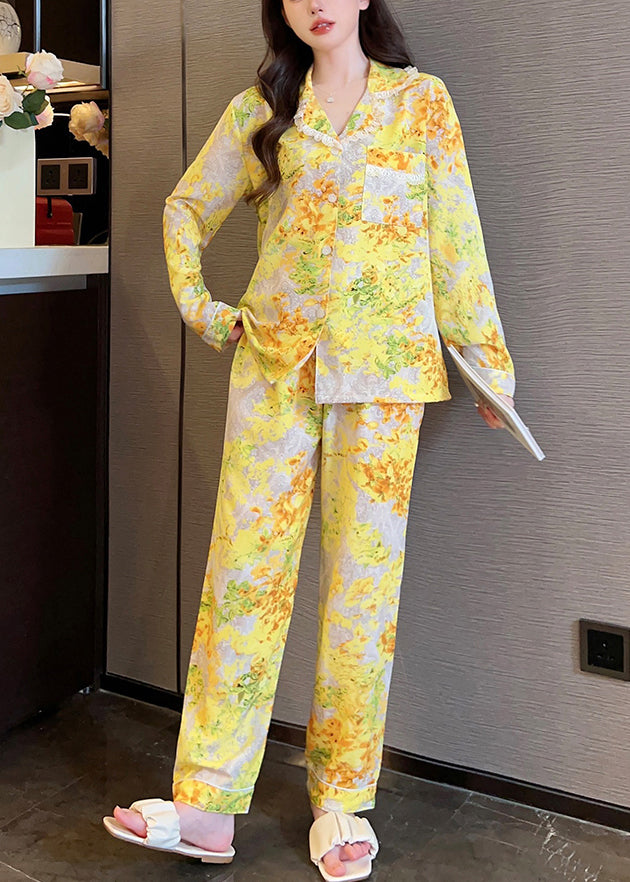 Yellow Print Button Ice Silk Two Pieces Set Long Sleeve