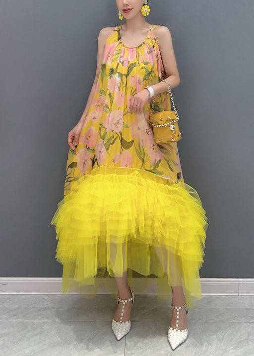 Yellow Print Tulle Patchwork Long Dress Sleeveless