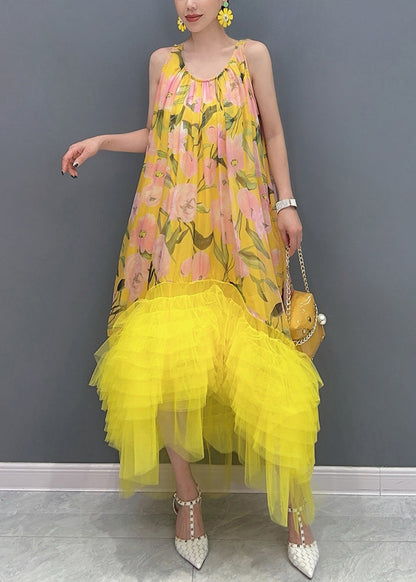 Yellow Print Tulle Patchwork Long Dress Sleeveless