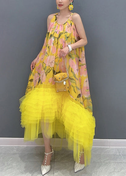 Yellow Print Tulle Patchwork Long Dress Sleeveless