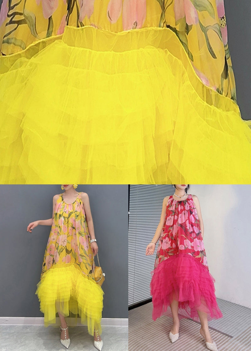 Yellow Print Tulle Patchwork Long Dress Sleeveless