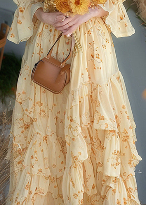 Yellow Ruffled Print Chiffon Dress Flare Sleeve