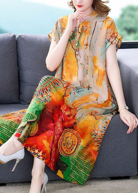 Yellow Stand Collar Print Patchwork Silk Dress Summer