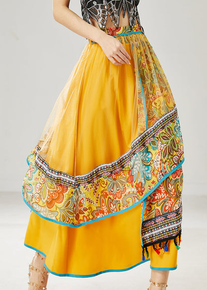 Yellow Tasseled Patchwork Tulle Skirt Summer