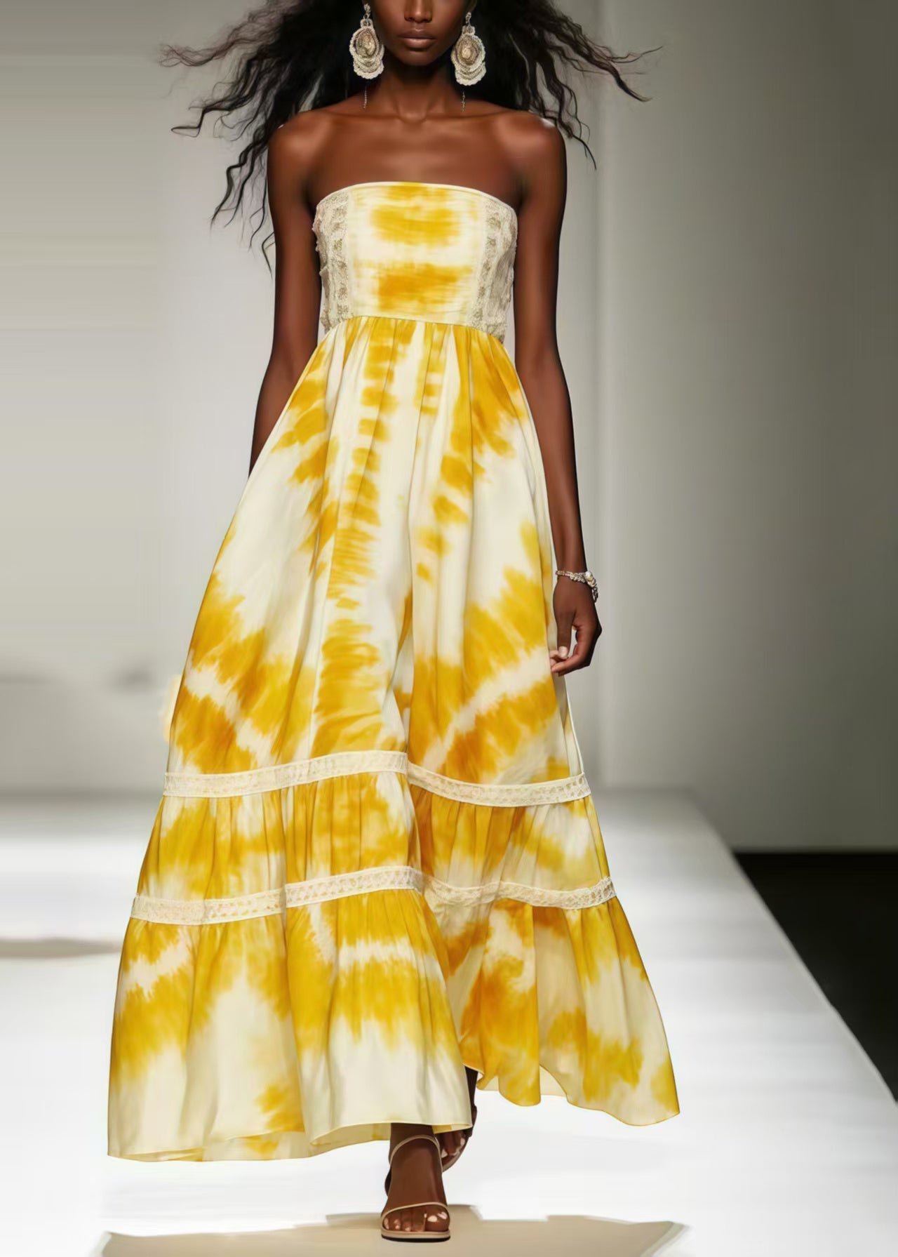 Yellow Tie Dye Exra Large Hem Chiffon Strapless Dress Summer