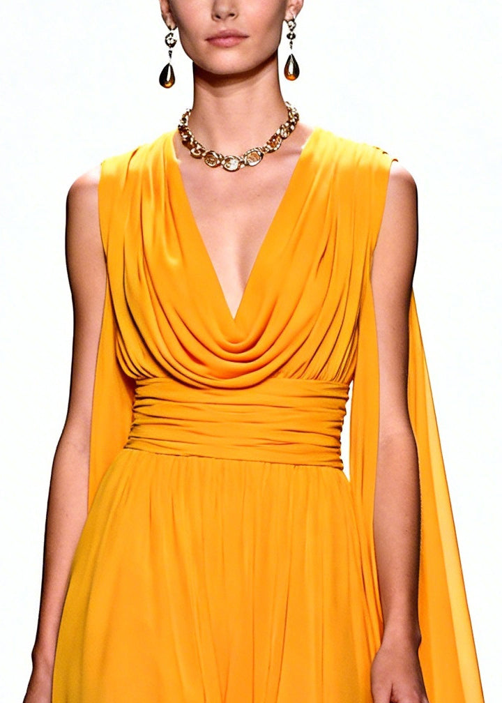 Yellow Turtle Neck Flower Lace Draping Chiffon Dress Summer