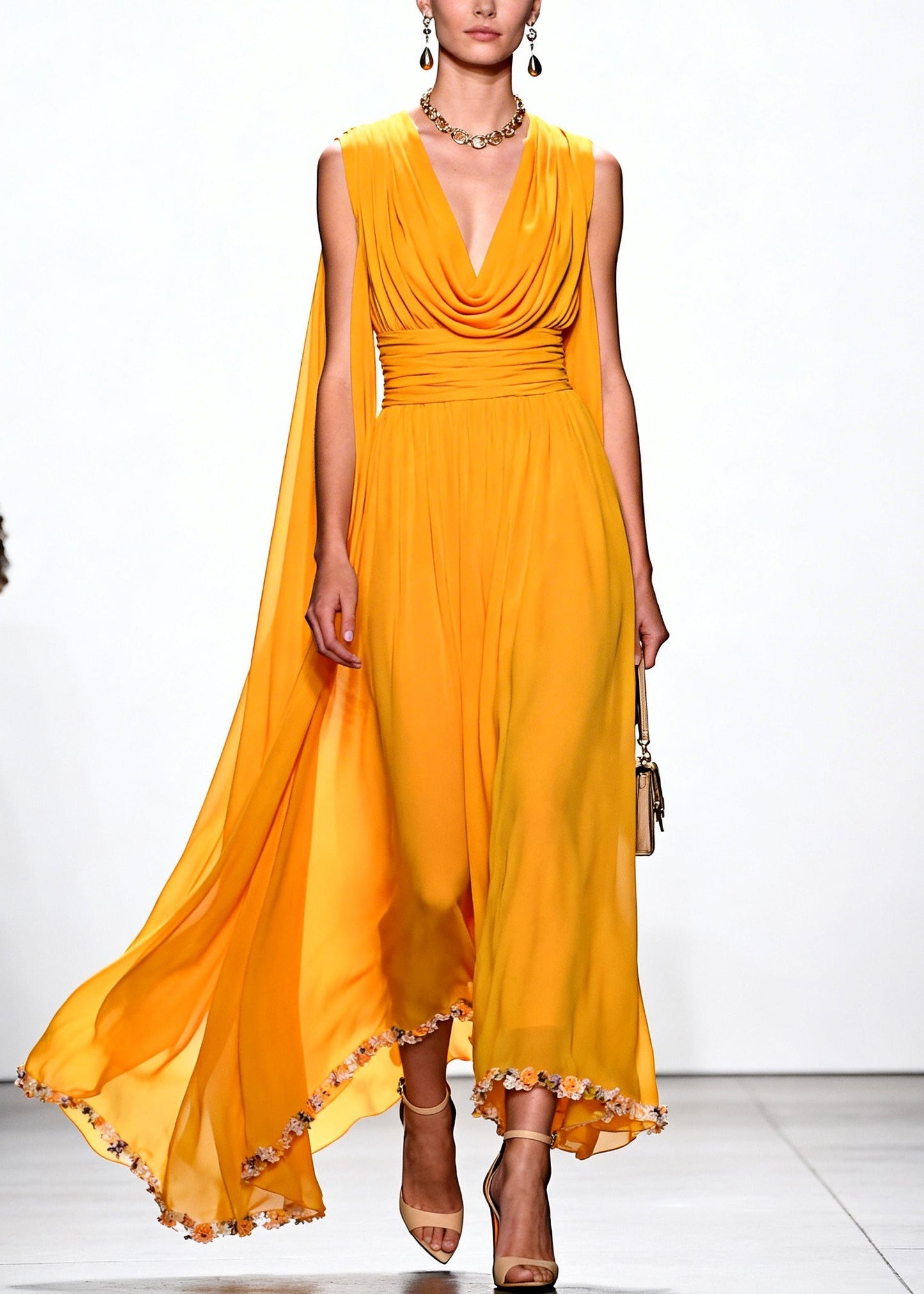 Yellow Turtle Neck Flower Lace Draping Chiffon Dress Summer