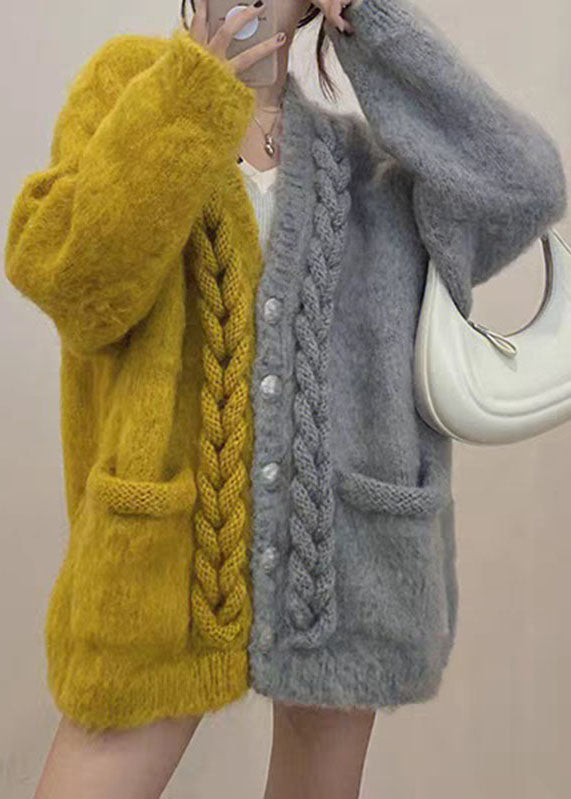 Yellow V Neck Patchwork Button Cozy Cotton Knit Cardigans Winter