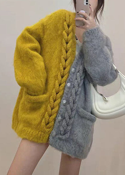 Yellow V Neck Patchwork Button Cozy Cotton Knit Cardigans Winter