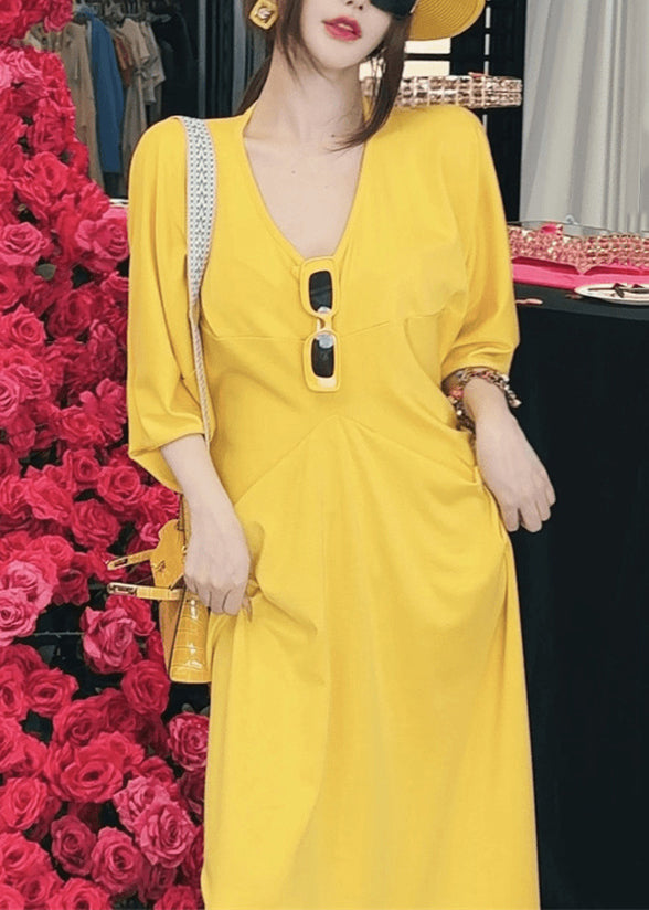 Yellow V Neck Patchwork Cotton Dresses Batwing Sleeve