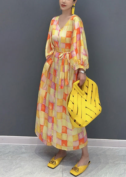 Yellow V Neck Plaid Silk Long Dress Lantern Sleeve