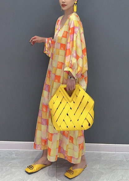 Yellow V Neck Plaid Silk Long Dress Lantern Sleeve