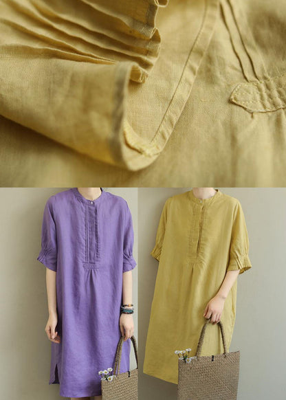 Yellow Side Open Cotton Mid Dress Half Sleeve