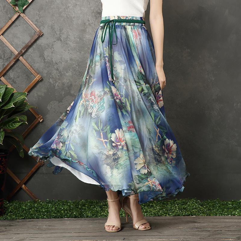 Blue Chiffon Long Shirts Elastic Tie Waist Long Summer Dress
