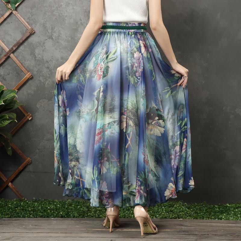 Blue Chiffon Long Shirts Elastic Tie Waist Long Summer Dress
