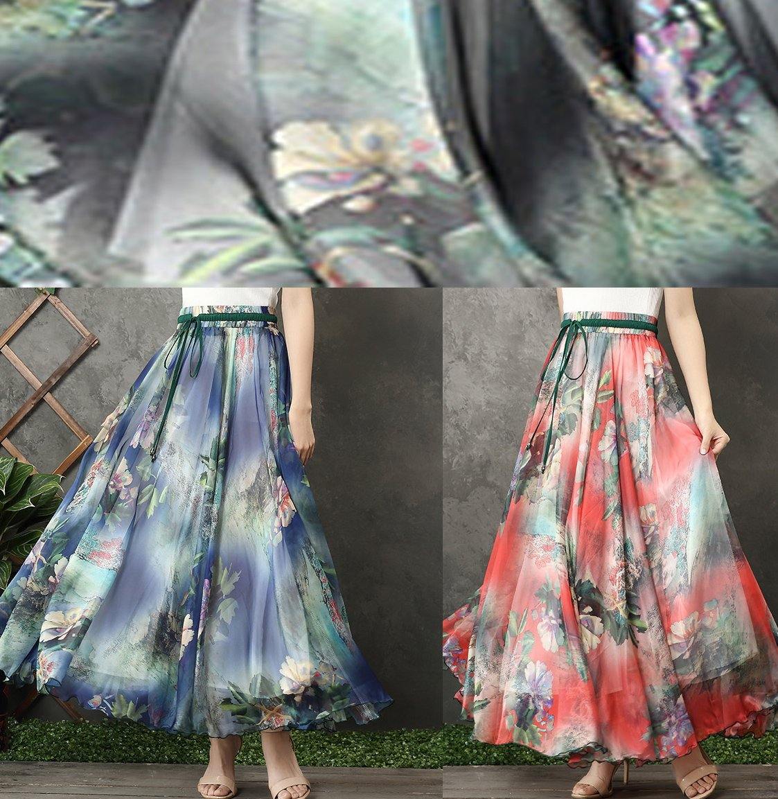 Blue Chiffon Long Shirts Elastic Tie Waist Long Summer Dress