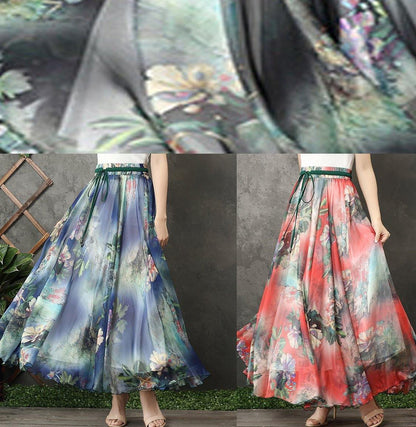 Blue Chiffon Long Shirts Elastic Tie Waist Long Summer Dress