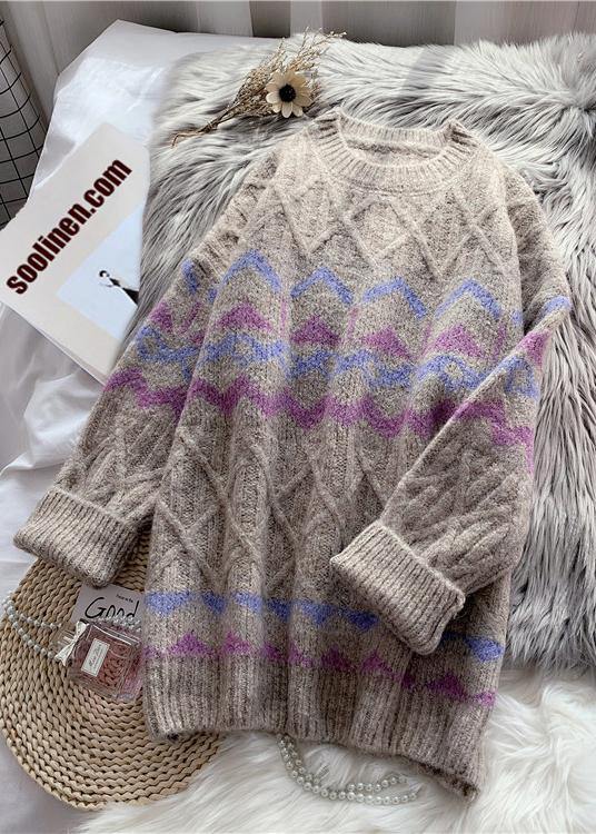 Khaki Striped Sweater Wardrobes Design O Neck Baggy Knitted Dress