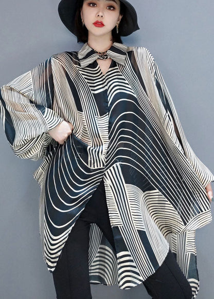 Low High Design Striped Chiffon Shirt Blouse